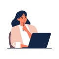 Smiling woman sitting at the office desk with coffee holding a pen and think idea cartoon character illustration