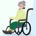 Smiling woman sitting in wheelchair. Happy elderly woman living with disability. Equal opportunities concept. Handicapped