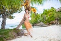 Smiling Woman Spending Chill Time Outdoor Bali Tropical Island. Exotics Summer Season Caribbean Ocean. Exotic Fruits Royalty Free Stock Photo