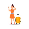 Smiling woman standing near suitcase and showing peace gesture. Happy tourist. Colorful flat vector design