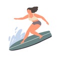 Smiling woman standing on surfboard at sea or ocean wave vector flat illustration. Happy sportswoman enjoying active Royalty Free Stock Photo