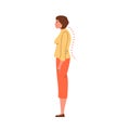 Smiling woman stands hunched over flat style, vector illustration