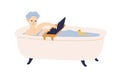 Smiling woman surfing internet during taking bath vector flat illustration. Happy female relaxing at bathroom spending