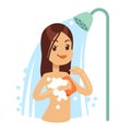 Smiling woman taking water shower in bathroom. Girl regular hygiene vector illustration