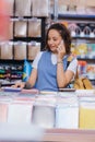 smiling woman talking on smartphone near Royalty Free Stock Photo