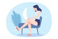 Smiling woman touches her legs with a soft feather. Happy girl with a feather. Epilation and hair removal. Vector illustration