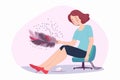 Smiling woman touches her legs with a soft feather. Happy girl with a feather. Epilation and hair removal. Vector illustration