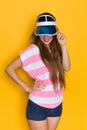 Smiling Woman In Transparent Plastic Blue Sun Visor Royalty Free Stock Photo