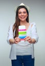 Smiling woman traveler in white shirt holdinf passport with ticket Royalty Free Stock Photo