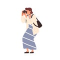 Smiling woman in trendy dress taking photo holding camera vector flat illustration. Happy female photographing enjoying