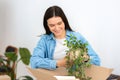 Smiling woman unpacking boxes in her new home or in a student dorm room. Moving to a new house, rent Royalty Free Stock Photo