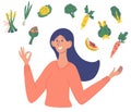 Smiling woman with vegetables. Healthy food, concept of diet, raw food diet, vegetarian. Funny young vegan woman. Flat cartoon