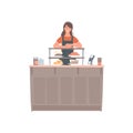 Smiling woman vendor in apron standing at stall of bakery shop vector flat illustration