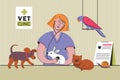 Smiling woman veterinarian with cat, dog, rabbit, parrot in clinic. Veterinary doctor checking and treating animal Royalty Free Stock Photo