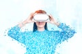 Smiling woman in vr glasses pixelated in city Royalty Free Stock Photo