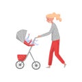 Smiling woman walking outdoor with infant baby in stroller. Happy mother and little son. Family and motherhood theme Royalty Free Stock Photo