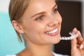 Smiling Woman With White Teeth Holding Teeth Whitening Tray Royalty Free Stock Photo