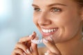 Smiling Woman With White Teeth Holding Teeth Whitening Tray Royalty Free Stock Photo