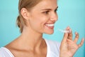 Smiling Woman With White Teeth Holding Teeth Whitening Tray Royalty Free Stock Photo