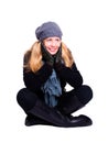 Smiling woman in winter clothes over white Royalty Free Stock Photo