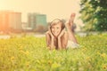 Smiling woman Woman listening to music on headphones outdoors Royalty Free Stock Photo