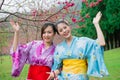Smiling women friends wearing traditional kimono Royalty Free Stock Photo