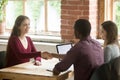 Smiling woman shaking hands with african american HR representat Royalty Free Stock Photo