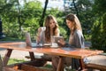Smiling women sitting outdoors in park drinking coffee using laptop Royalty Free Stock Photo