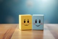 Smiling wooden cube with smiley face on wooden table. Ai generative Royalty Free Stock Photo