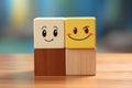 Smiling wooden cube with smiley face on wooden table. Ai generative Royalty Free Stock Photo