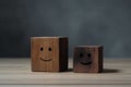 Smiling wooden cube with smiley face on wooden table. Ai generative Royalty Free Stock Photo