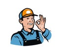 Smiling worker gesture ok. Service, repair, delivery logo. Vector illustration