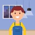 Smiling worker man room ceiling lamps and window cityscape