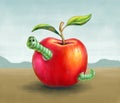 Smiling worm eating a red apple