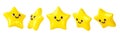 Smiling yellow star with happy face 3d render icons set. Cartoon isolated smile emoji character in different angles view