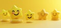 Smiling yellow stars, cheerful expressions, playful design, bright yellow background, 3D rendering, cute characters