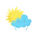Smiling yellow sun behind adorable blue cloud. Funny weather characters. Cartoon flat vector element for mobile game