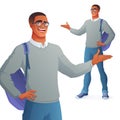 Smiling college student in eyeglasses presenting. Isolated vector illustration.