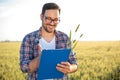 Smiling young agronomist or farmer inspecting wheat field before the harvest, writing data to a clipboard Royalty Free Stock Photo