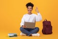 Smiling young black female student sitting with laptop and showing ok gesture Royalty Free Stock Photo