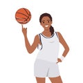Smiling young black woman athlete spin ball on finger. Happy girl basketball player play with ball. Sport and game activity Royalty Free Stock Photo