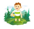 Smiling young boy, football or volleyball player. Mountain landscape and forest in the background. Cartoon character Royalty Free Stock Photo