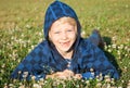 Smiling young boy lying in grass smiling Royalty Free Stock Photo