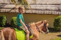 Smiling, young boy ride a pony horse. Horseback riding in a tropical garden Royalty Free Stock Photo