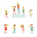 Smiling young boys and girls celebrating their medals and winner cups, set for label design. Cartoon detailed colorful