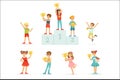 Smiling young boys and girls celebrating their medals and winner cups, set for label design. Cartoon detailed colorful