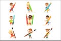 Smiling young boys and girls holding big pencils, pens and paintbrushes, set for label design. Cartoon detailed colorful