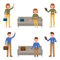 Smiling, young business man and woman vector illustration. Waving hello, sitting on sofa, waiting character set Royalty Free Stock Photo