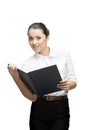 Smiling young business woman holding blue diary Royalty Free Stock Photo