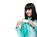 Smiling young business woman showing blank card Royalty Free Stock Photo